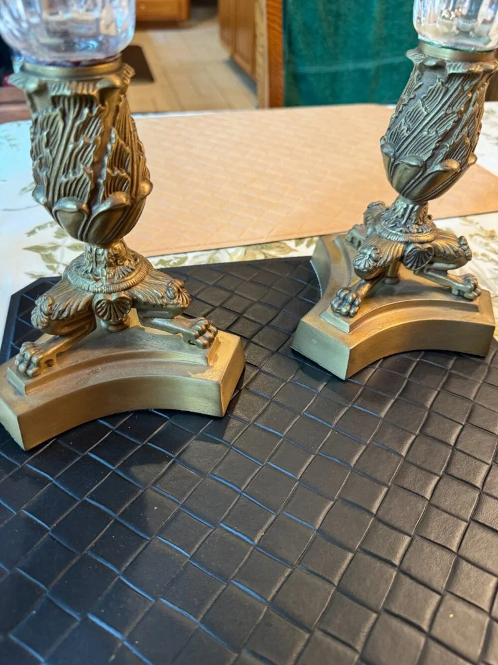 Pair of Metal & Glass Tall Unique Taper Candleholders Beveled Glass 17 1/2